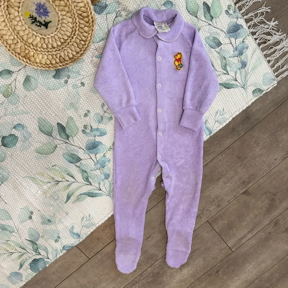 Vintage Disney Winnie Pooh Baby Girl Pajamas Lavender Button Footie Terry Cloth